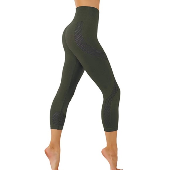 Solid armygren yoga leggings workout pants mesh 27 - Picture 3 of 6